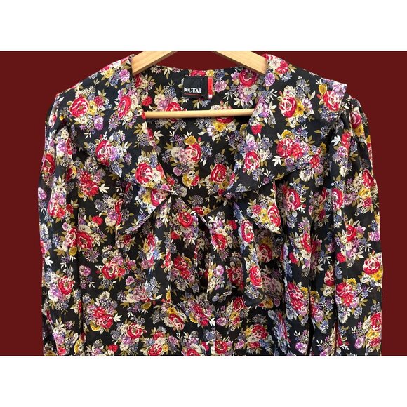 Vintage Notations Floral Ruffle Neck Blouse Black Cottagecore Romantic Boho 90s - Picture 2 of 6